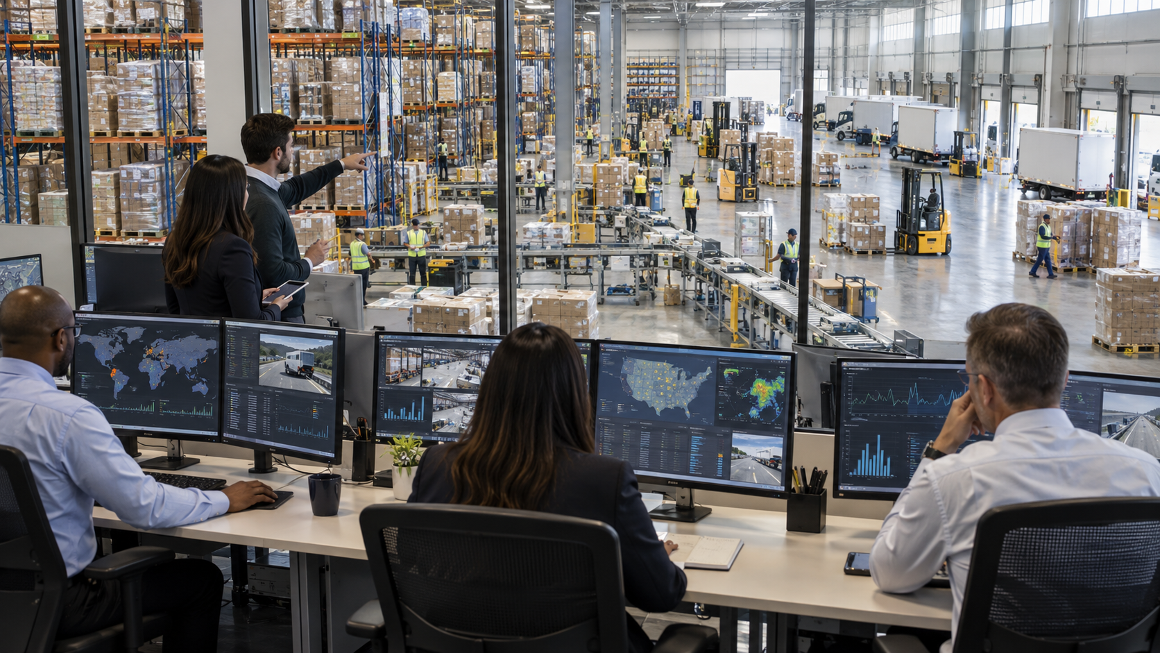 Logistics Control Room Overlooking Warehouse